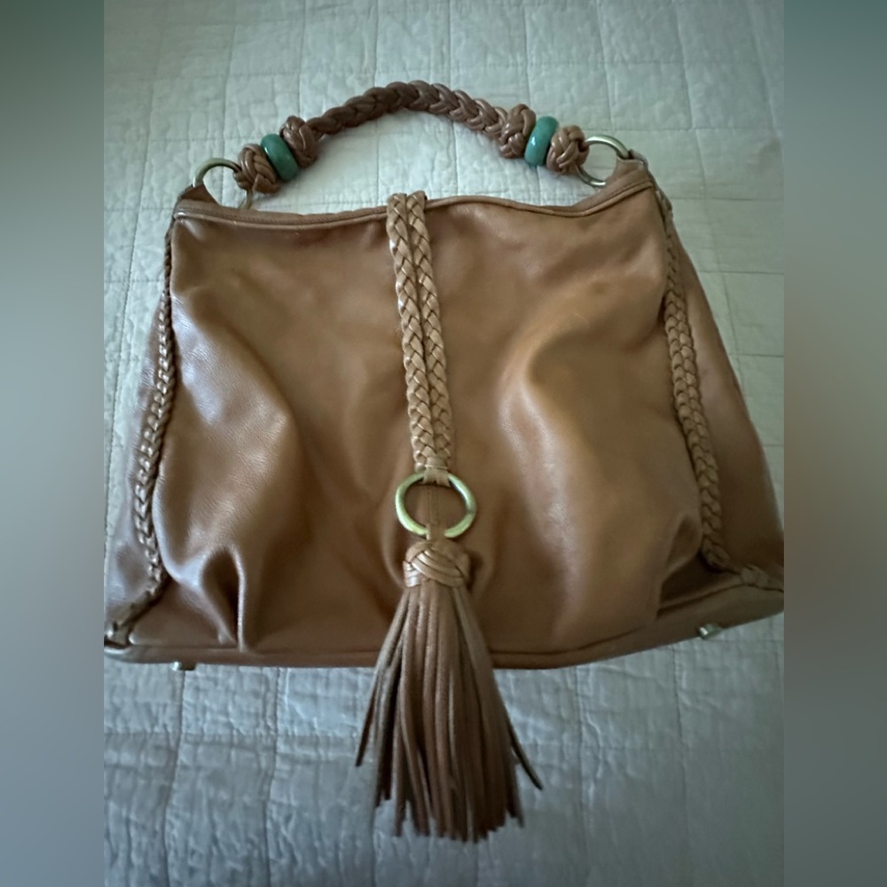 Shanghai Tang Tan Leather Hobo with Fringe and Gold Hardware Giant Jade Beads